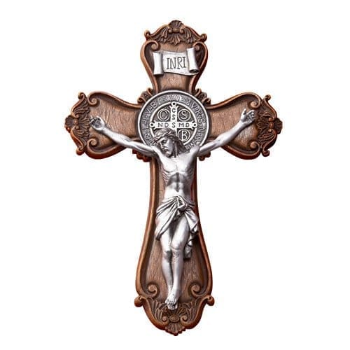 St. Benedict Ornate Wall Crucifix, Wood Finish
